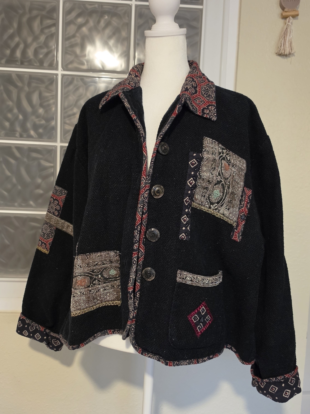 Women's Vintage Black Patchwork Button-Front Jacket with Paisley Trim